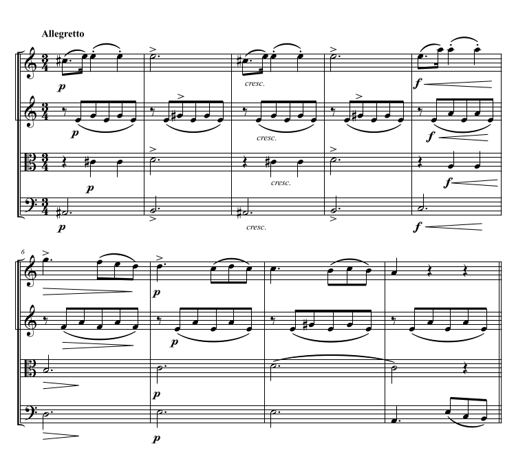 Example of accents in the 3rd movement of the A minor quartet - Eulenburg